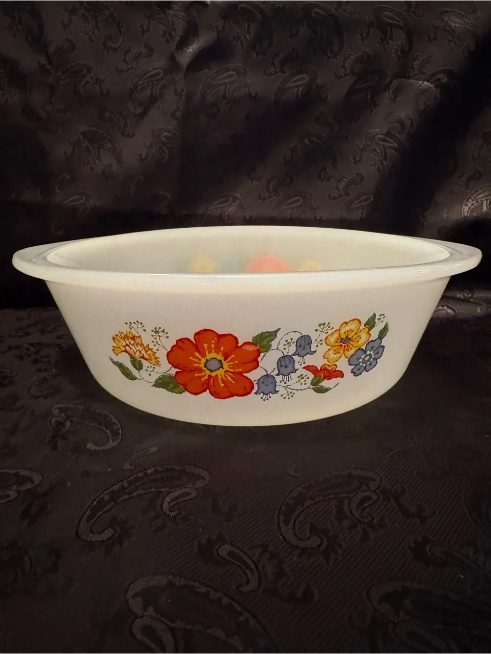 Vintage Glasbake 2 Quart Casserole Dish ~ Orange Bluebell Wildflowers